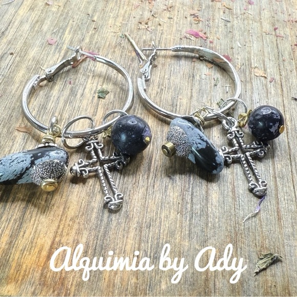 Snowflake obsidian and cross charms silver hoop earrings - Picture 1 of 2